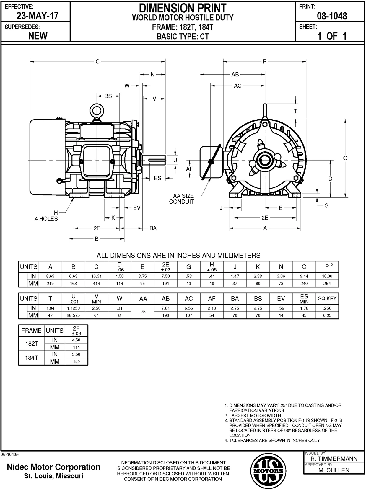 Technical drawing for US Motors Hostile Duty TEFC, 5 HP, 3-Phase, 1800 RPM Motor, HD5P2E