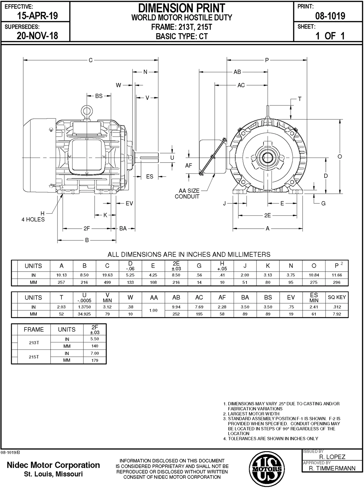 Technical drawing for US Motors Hostile Duty TEFC, 7.5 HP, 3-Phase, 1800 RPM Motor, HD7P2E